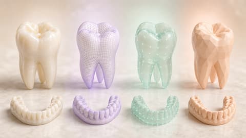 Cuatro representaciones editoriales de una misma anatomía dental: natural, retícula, puntos y facetas, antes de asignar su función