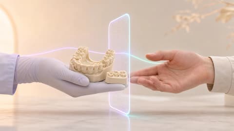 Modelo dental atravesando una puerta editorial entre la revisión clínica y la recepción del laboratorio