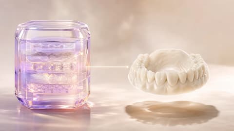 Paquete propietario dental preservado junto a una malla STL visible, separados por un umbral de revisión humana