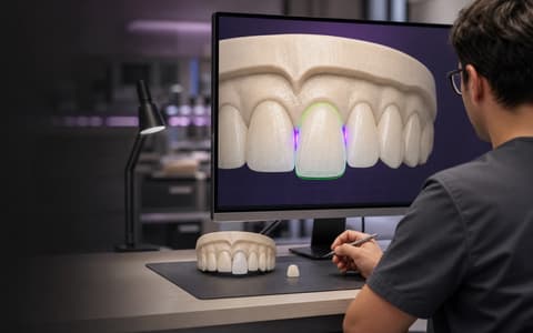 Técnico CAD diseñando una corona anterior sintética a partir de la versión V03 aceptada