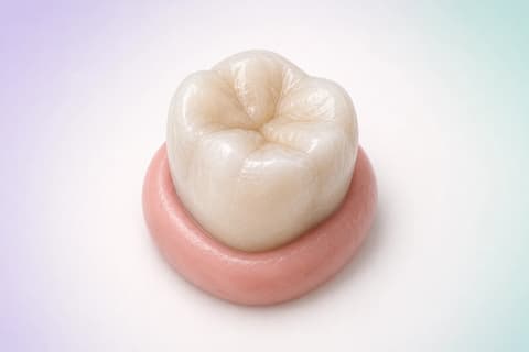Visualización editorial de un molar enfocado para seis sitios periodontales