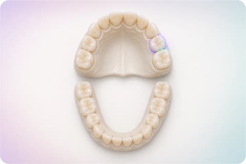 Visualización editorial de un odontograma pediátrico de veinte dientes temporales