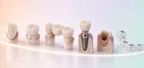 Visualización editorial de seis ramas de tratamiento dental: carilla, corona, puente, implante, extracción y guía