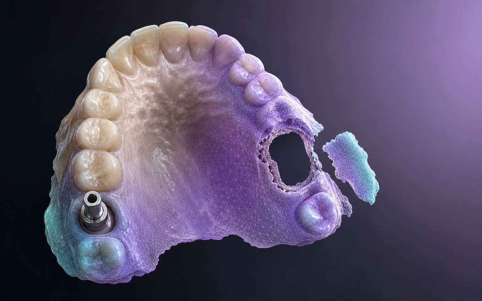 Digital dental mesh with a visible capture discontinuity and a scan body prepared for human inspection