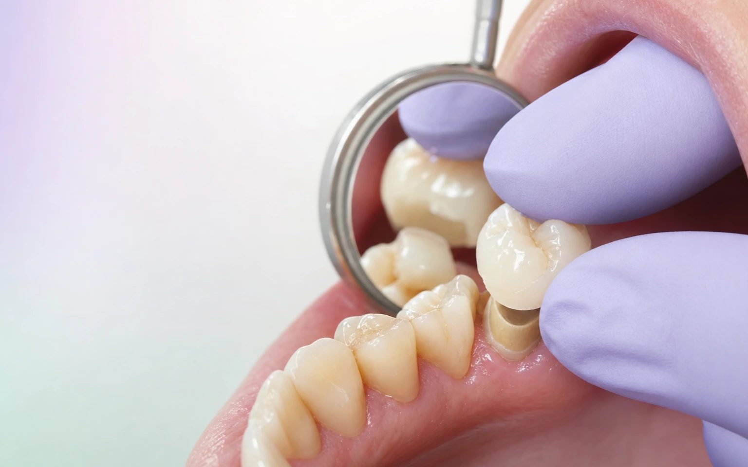 Clinical try-in of a posterior crown under mirror inspection before accepting the restoration