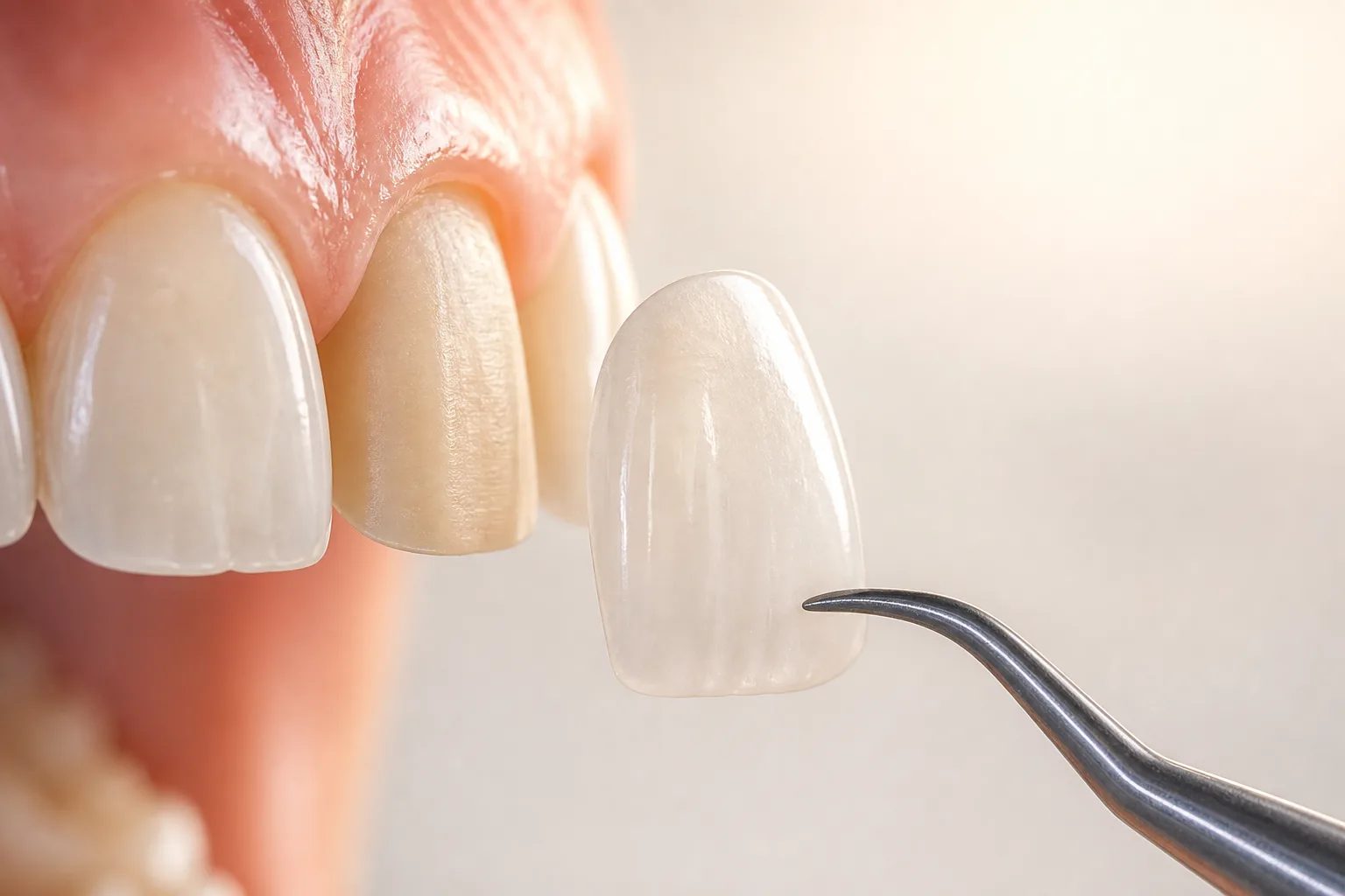 Prepared anterior tooth with ceramic crown shell at the threshold before fabrication