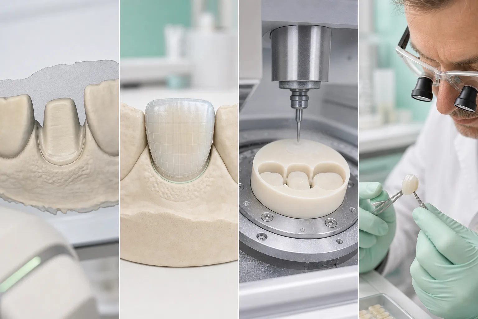 Laboratory sequence from received prep model through design, milling blank, and human crown QC