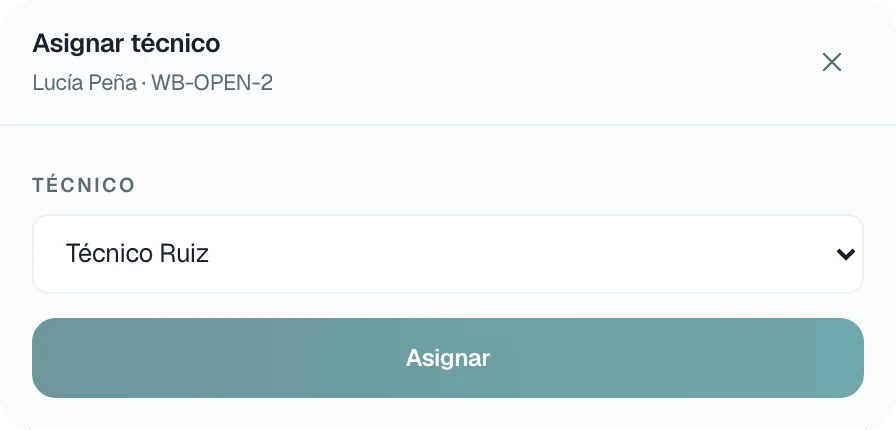 Asignar técnico para Lucía Peña: técnico Técnico Ruiz y el botón Asignar.