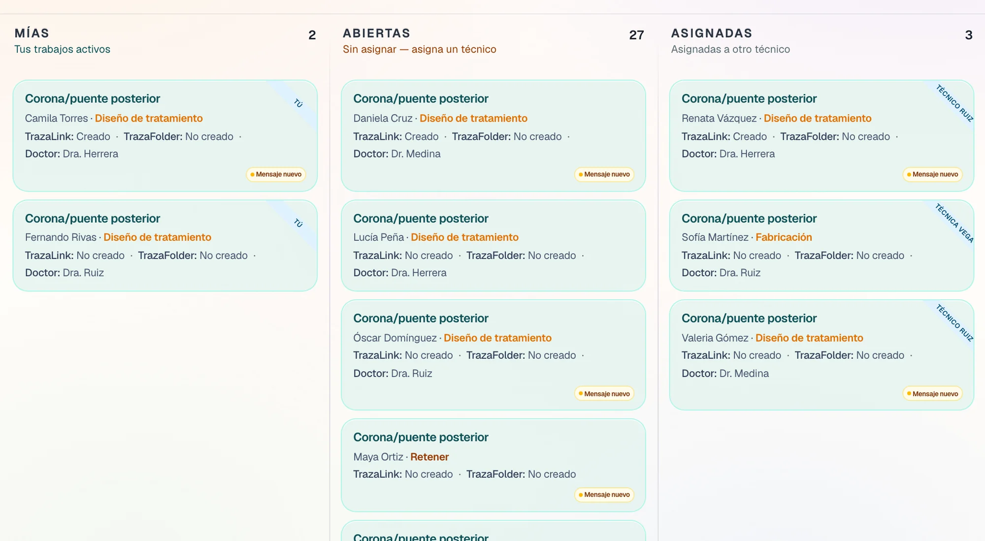 Carriles Mías, Abiertas y Asignadas, con el nombre del técnico en los tickets asignados.