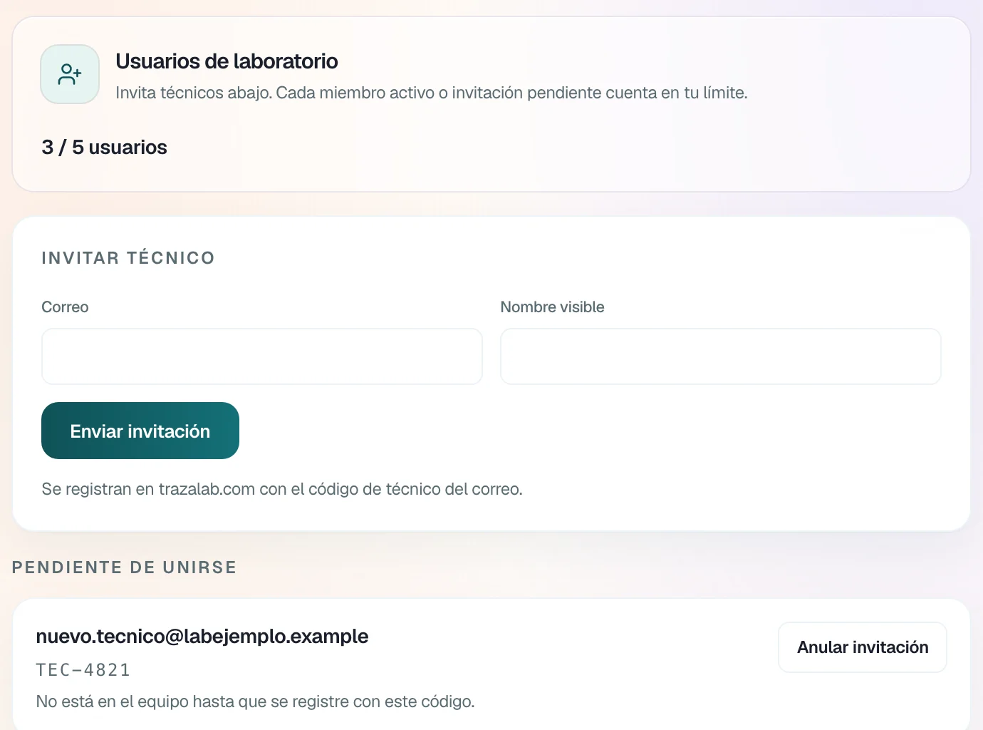 Equipo del laboratorio: 3 de 5 usuarios, invitar técnico y una invitación pendiente.