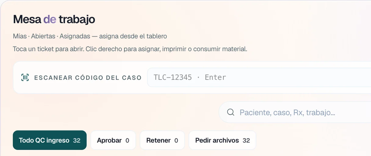 Escanear código del caso, la búsqueda y los filtros Todo QC ingreso, Aprobar, Retener y Pedir archivos.
