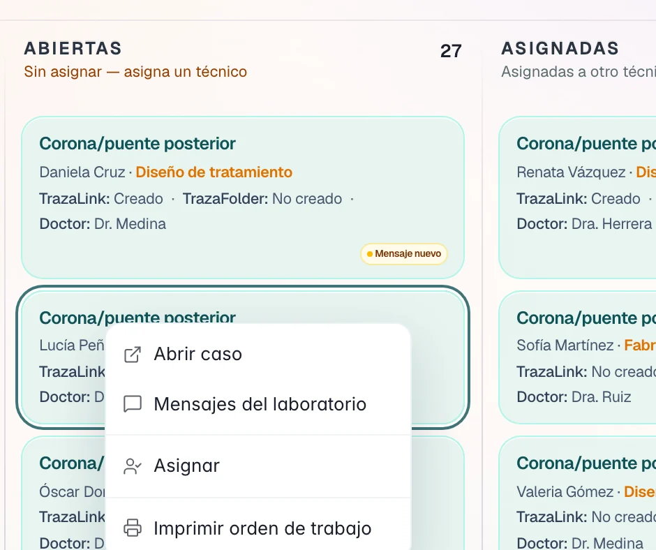 Clic derecho en un ticket: Abrir caso, Mensajes del laboratorio, Asignar e Imprimir orden de trabajo.