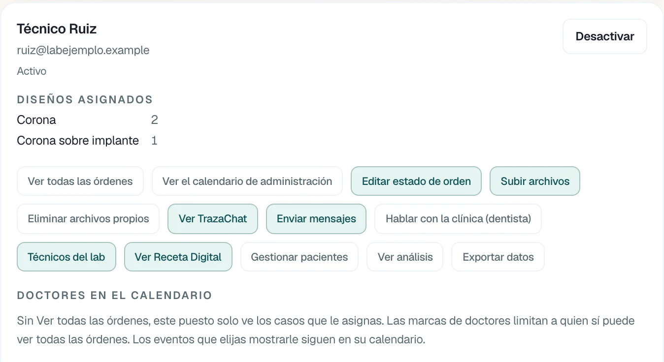 Ficha de Técnico Ruiz: diseños asignados por tipo y sus permisos marcados.