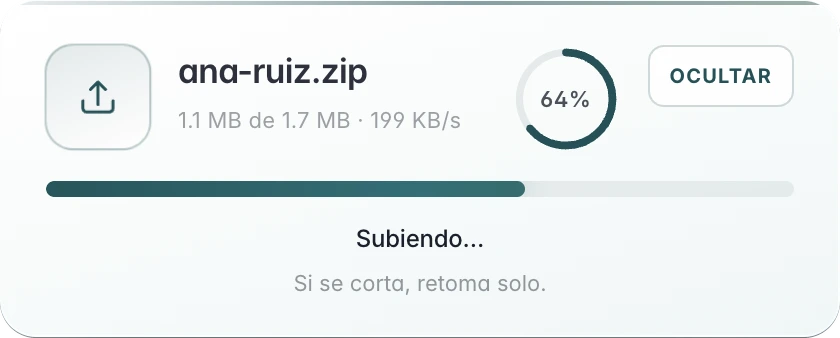 Carga de archivo: ana-ruiz.zip, 1.1 MB de 1.7 MB, Subiendo, 64 por ciento. El botón dice Ocultar. La nota dice: Si se corta, retoma solo.