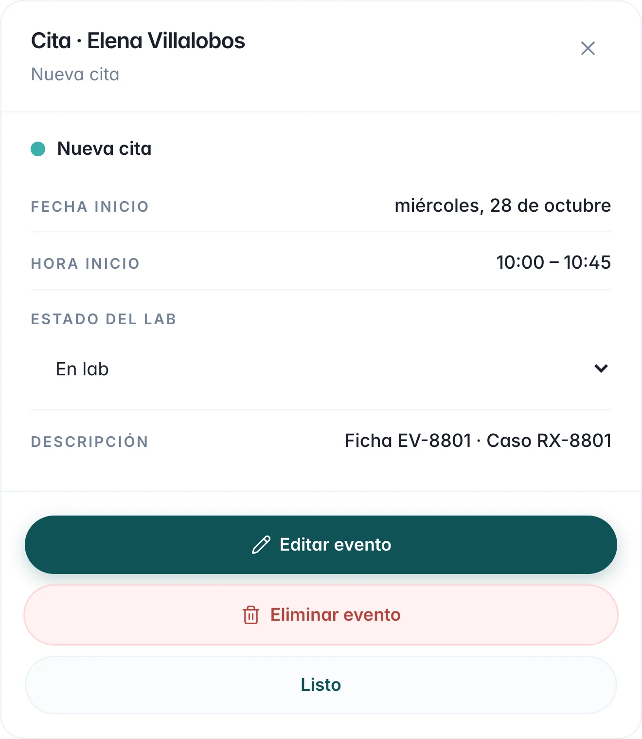 Cita de Elena Villalobos, miércoles 28 de octubre de 10:00 a 10:45, con Estado del lab En lab y la ficha y el caso en la descripción.