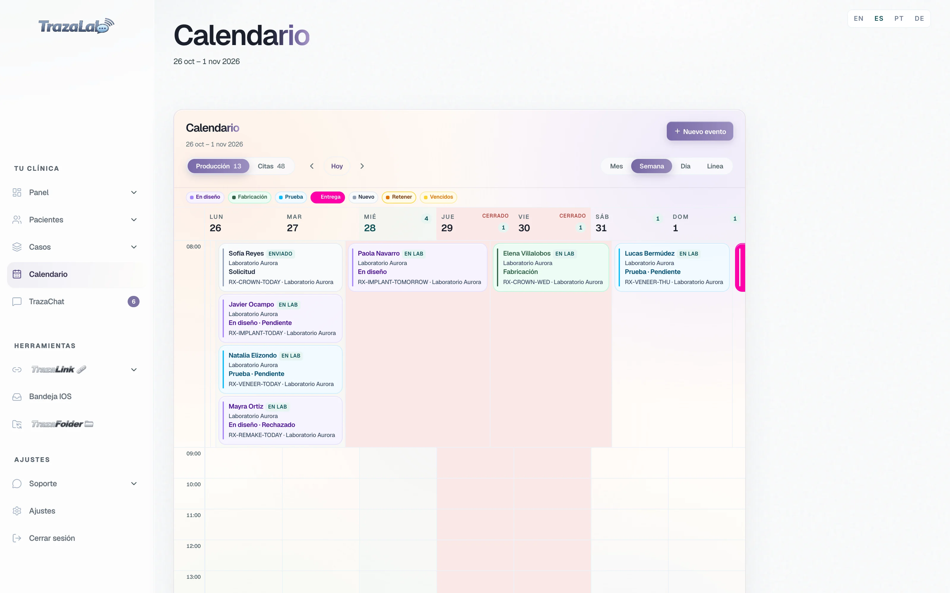 Calendario de la clínica en Producción, vista Semana: Producción 13, Citas 48, y cada caso con su laboratorio, su etapa y si está Enviado o En lab.