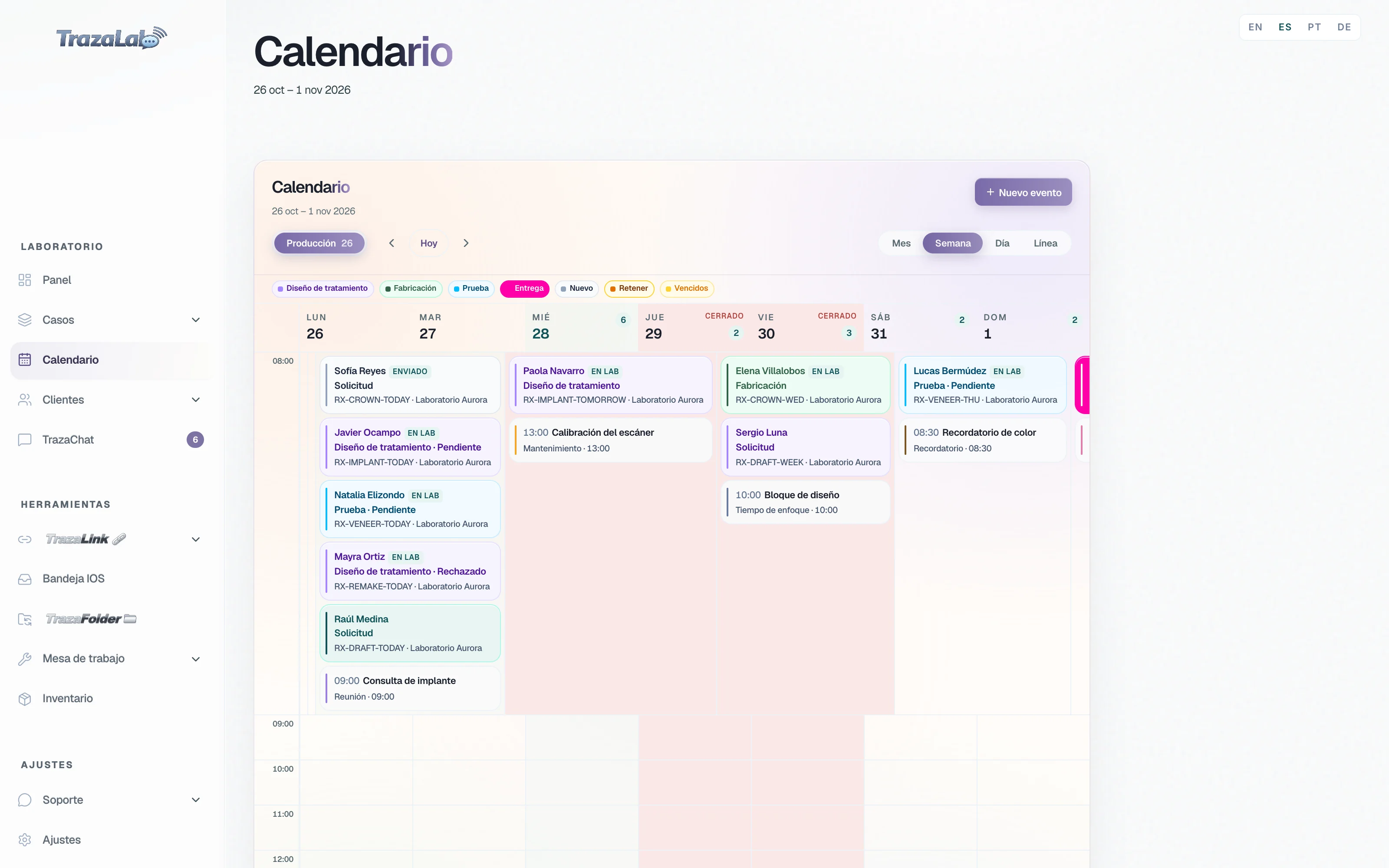 Vista Semana del laboratorio: cada caso con su paciente, su etapa y su estado, entre ellos Paola Navarro en Diseño de tratamiento, junto a los eventos Calibración del escáner y Bloque de diseño.