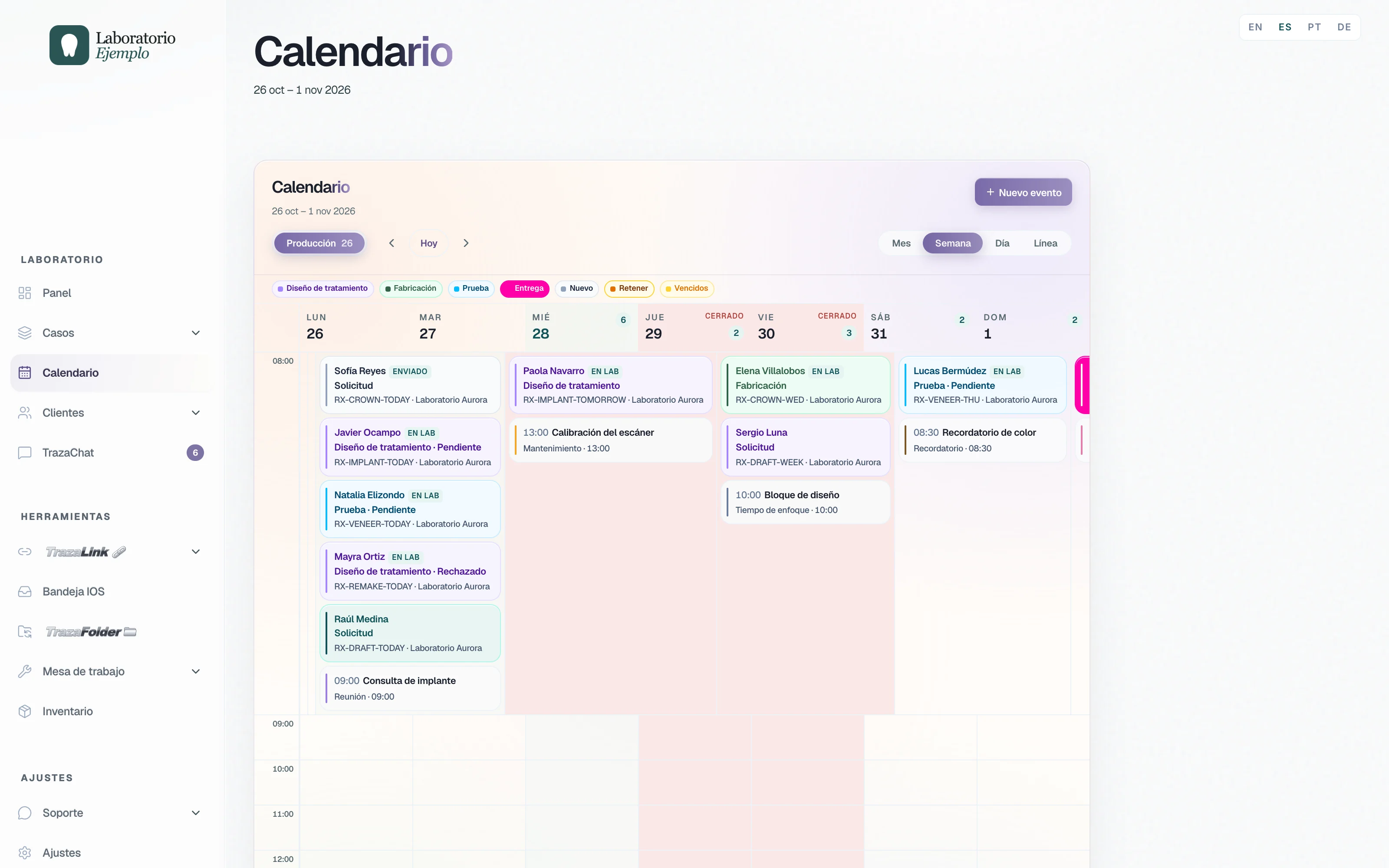 Calendario del laboratorio, vista Semana, con el logo del laboratorio de ejemplo arriba del menú.