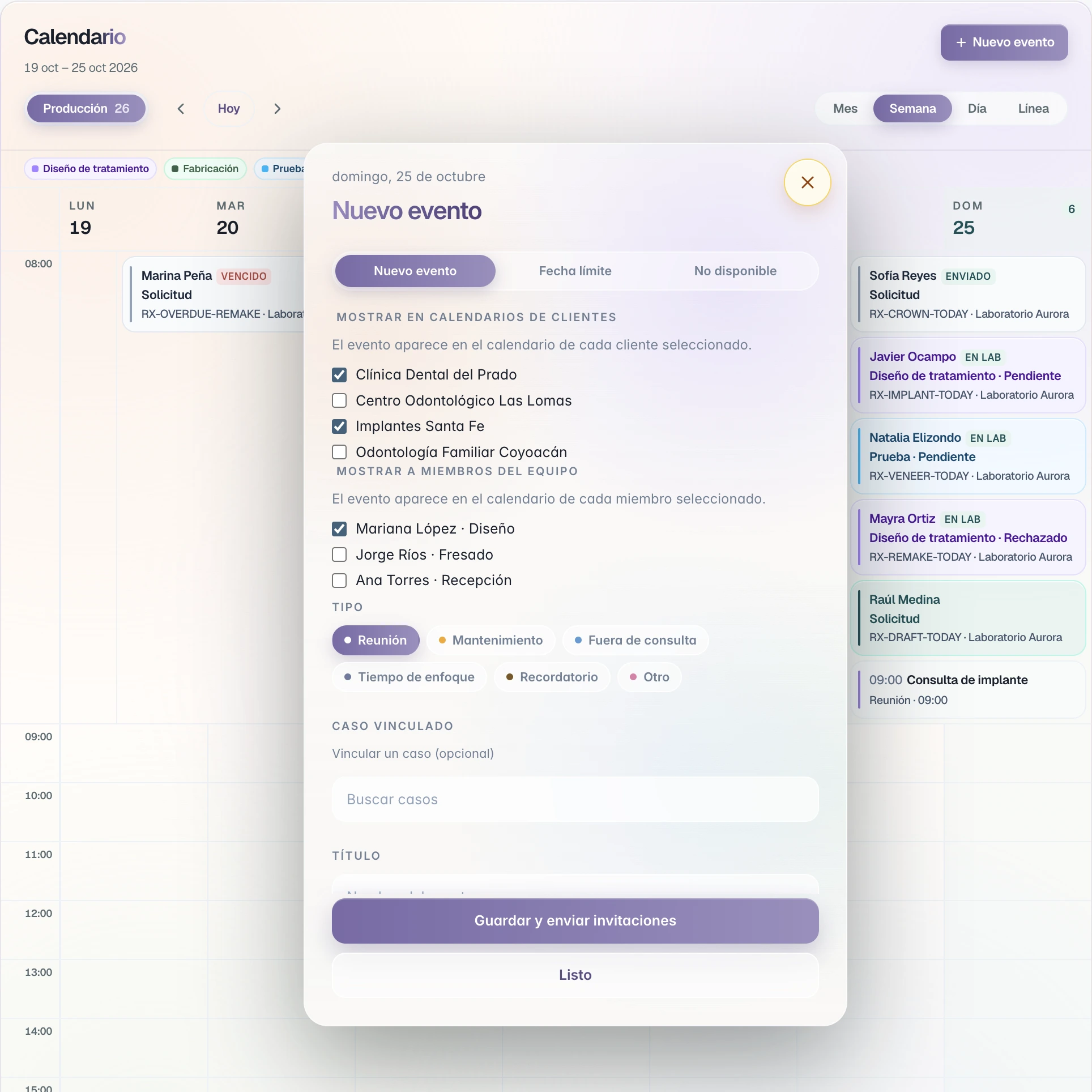 Nuevo evento con Mostrar en calendarios de clientes, Mostrar a miembros del equipo e invitados por correo.