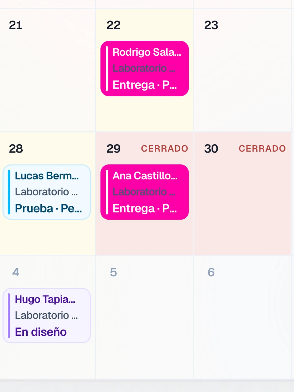 Mes de producción. Los días 29 y 30 aparecen como CERRADO.