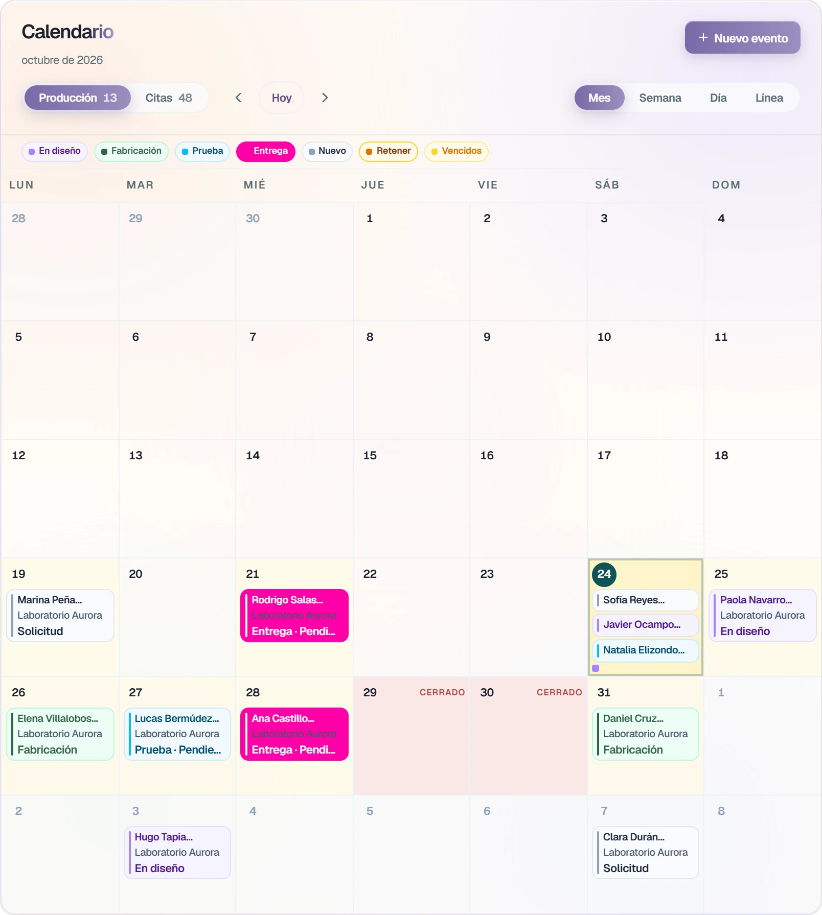 Calendario de la clínica en vista Mes. Los mismos días 29 y 30 aparecen como CERRADO.