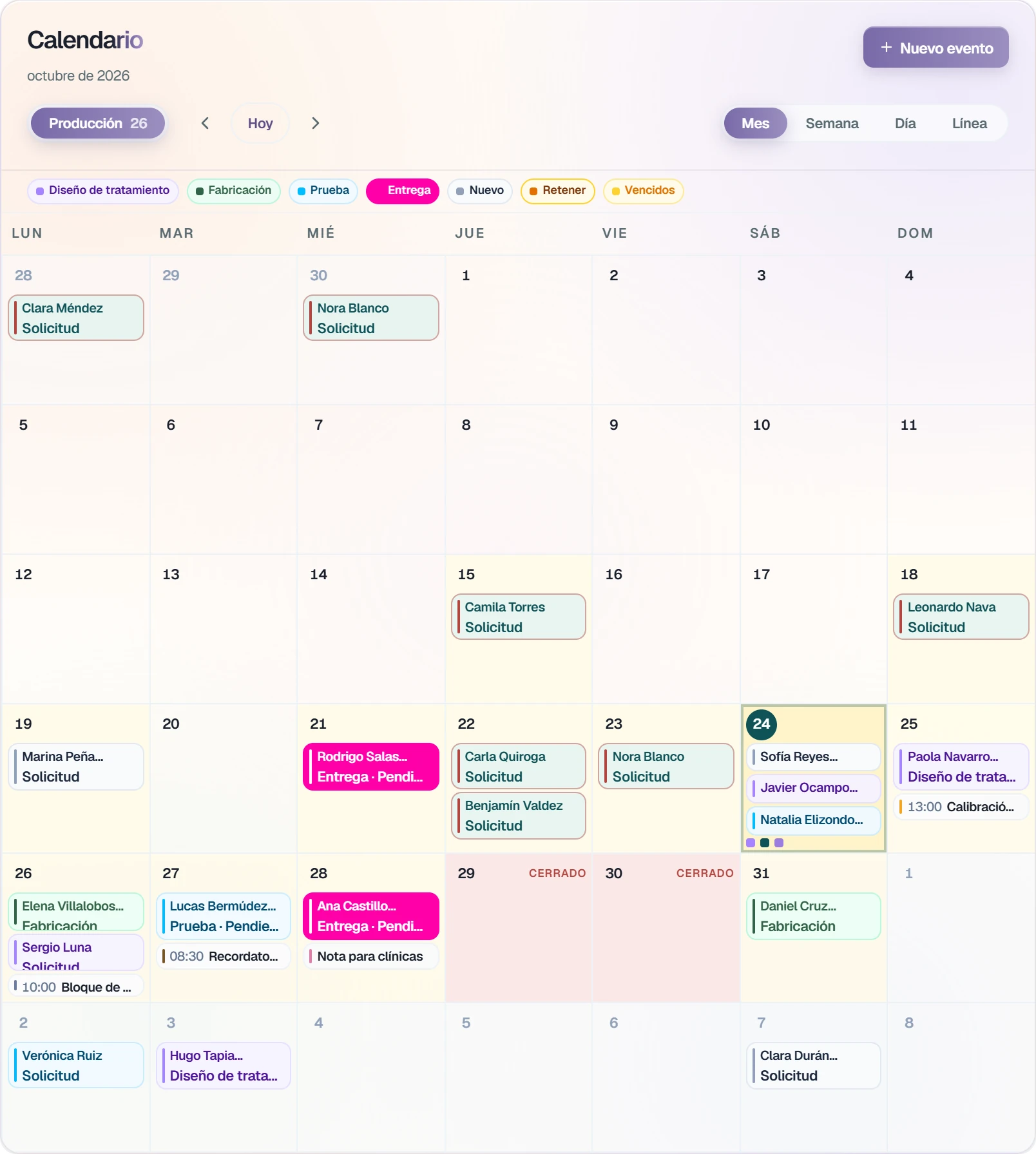 Calendario del laboratorio en vista Mes, octubre de 2026. Los días 29 y 30 aparecen como CERRADO.