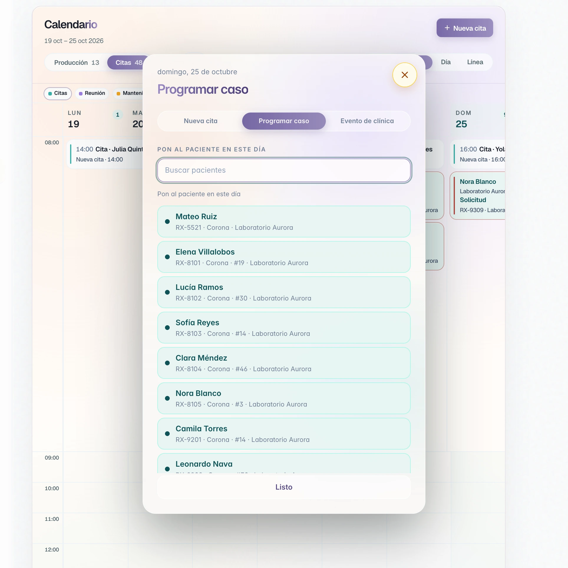 Programar caso. Pon al paciente en este día, con la búsqueda y la lista de casos.