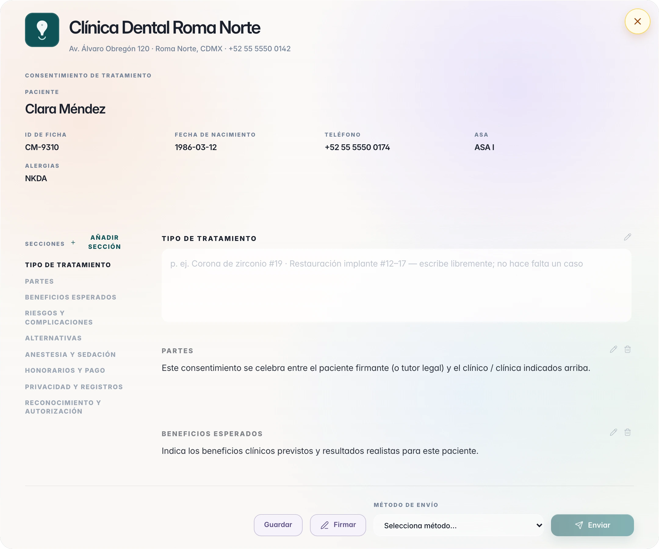 Nuevo contrato: membrete, paciente, ID de ficha, fecha de nacimiento, ASA, alergias y la lista de secciones.