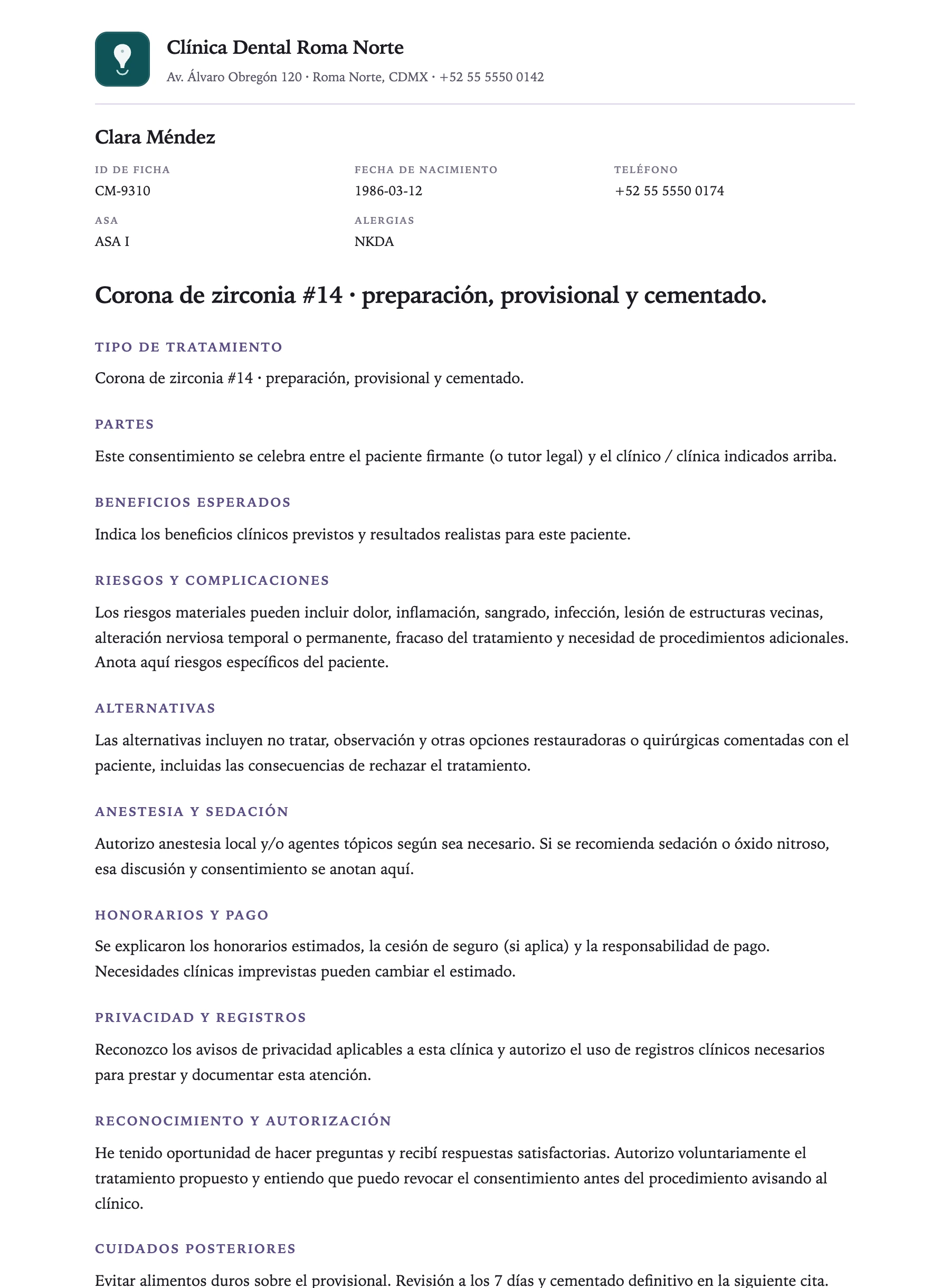 El consentimiento listo para imprimir o guardar como PDF, con el membrete y cada sección.