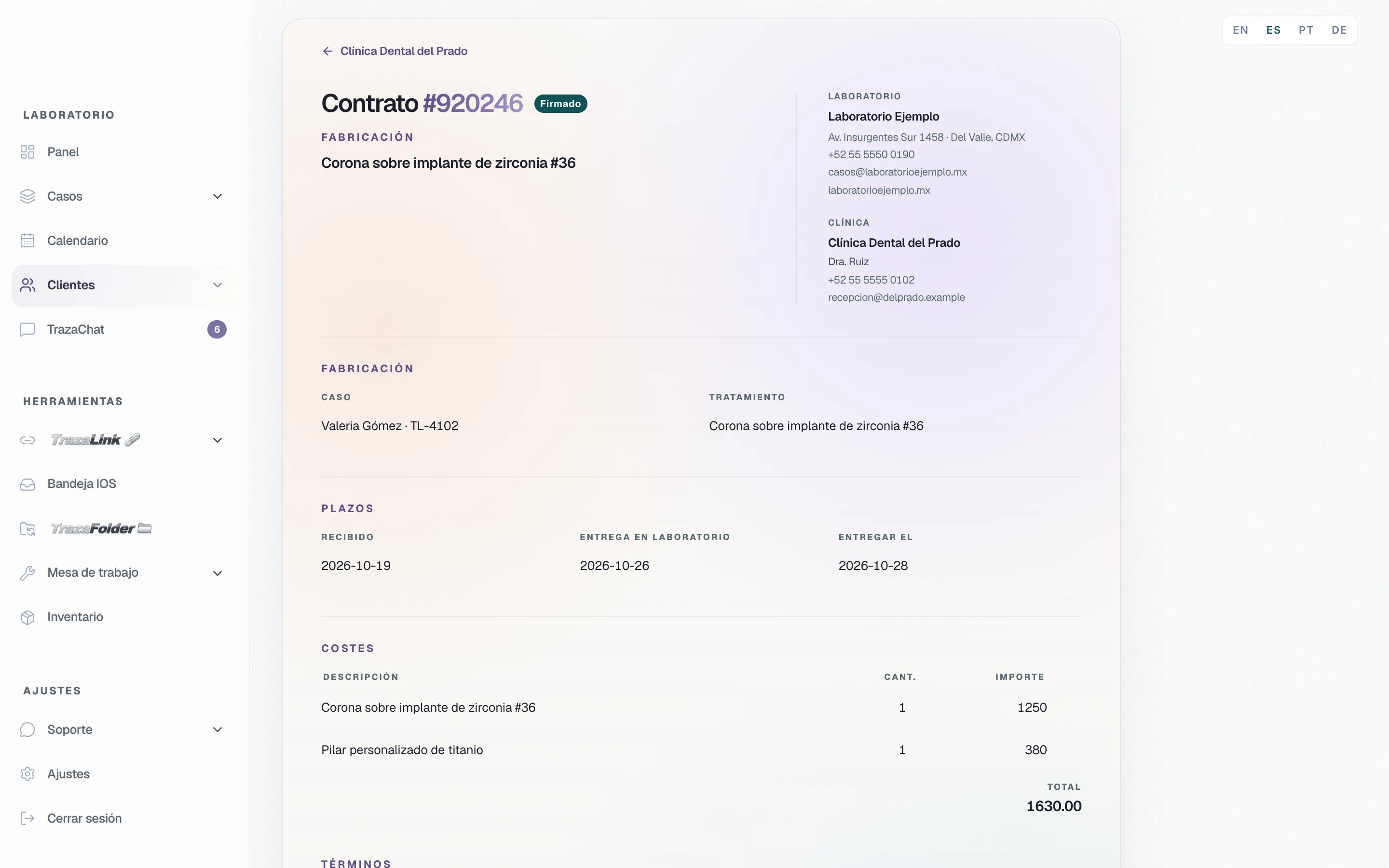 Contrato de fabricación firmado de Laboratorio Ejemplo con Clínica Dental del Prado: corona sobre implante de zirconia #36, las dos partes, el caso y los plazos.