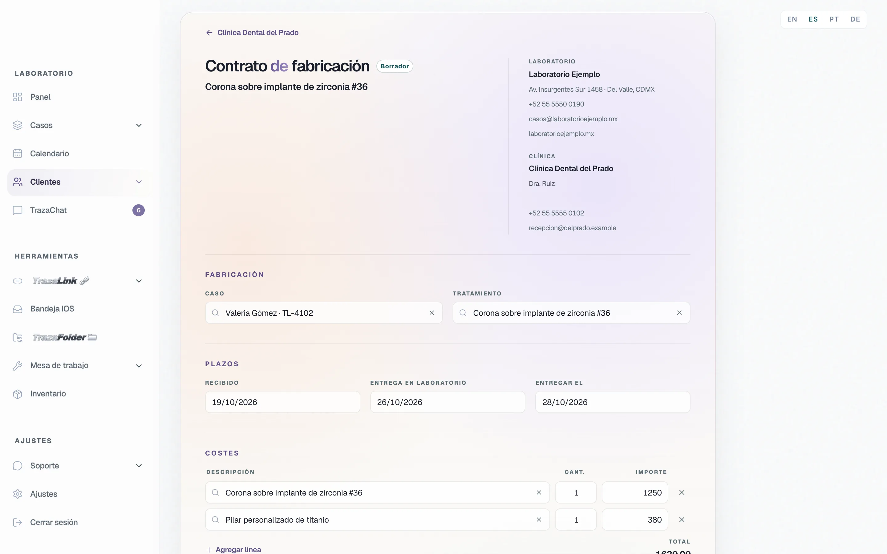 Nuevo contrato de fabricación en la ficha de Clínica Dental del Prado: el laboratorio y la clínica como partes, el caso de Valeria Gómez y el tratamiento.