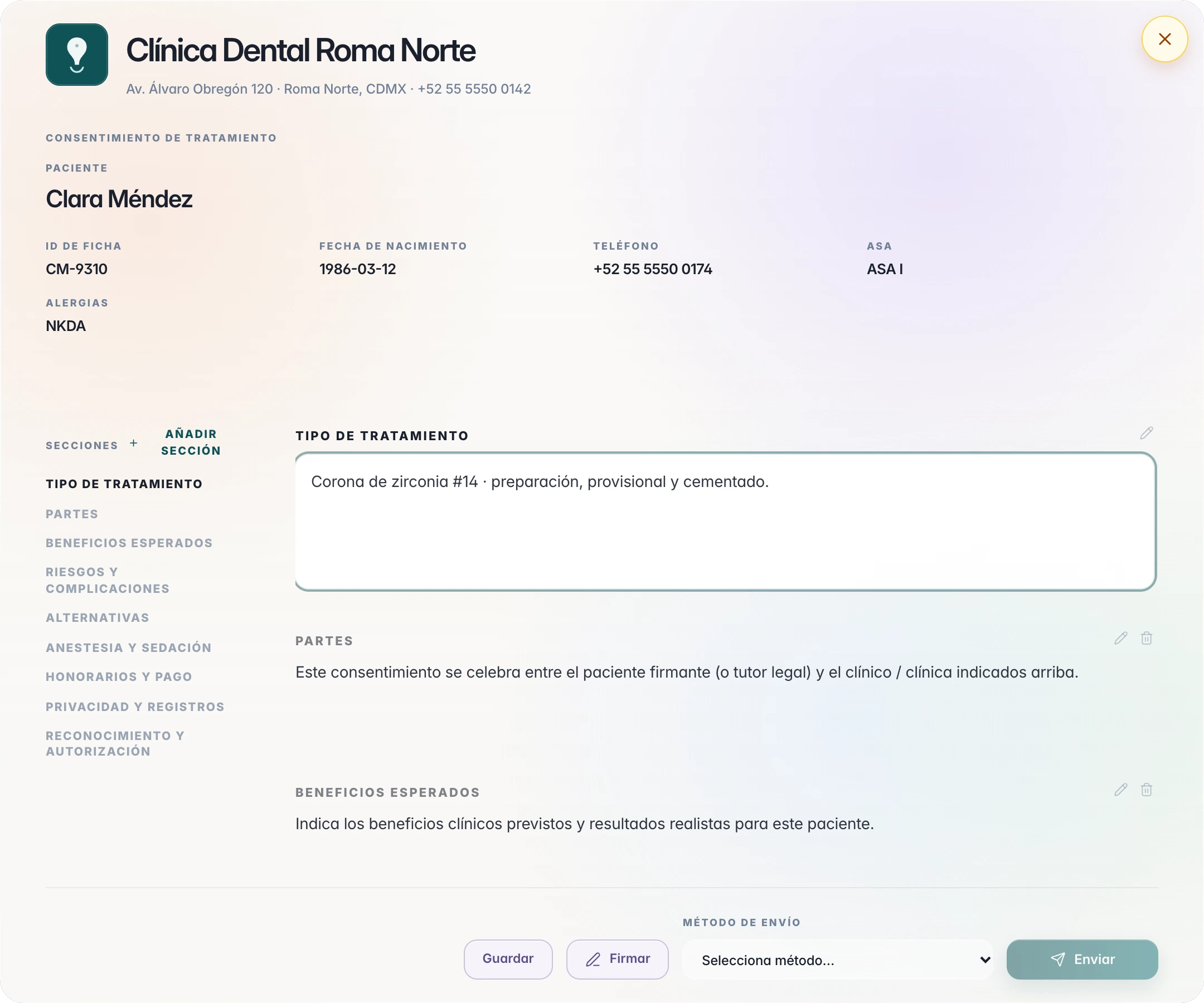 Consentimiento de tratamiento de Clara Méndez con el membrete de la clínica, los datos de la ficha y la sección Tipo de tratamiento.
