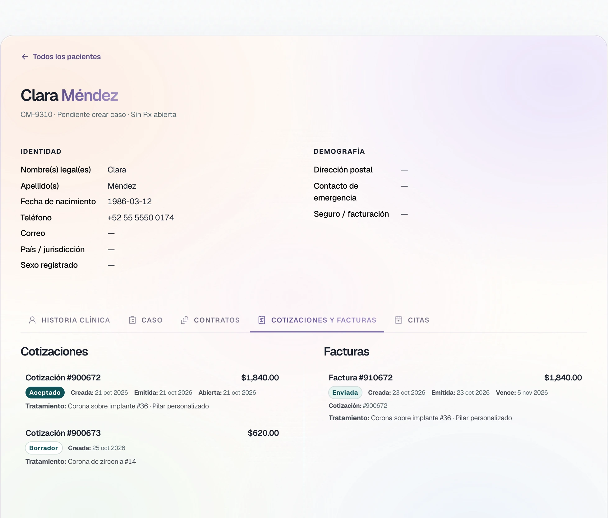 Pestaña Cotizaciones y facturas: una cotización Aceptada y otra en Borrador, y la factura Enviada con su vencimiento.