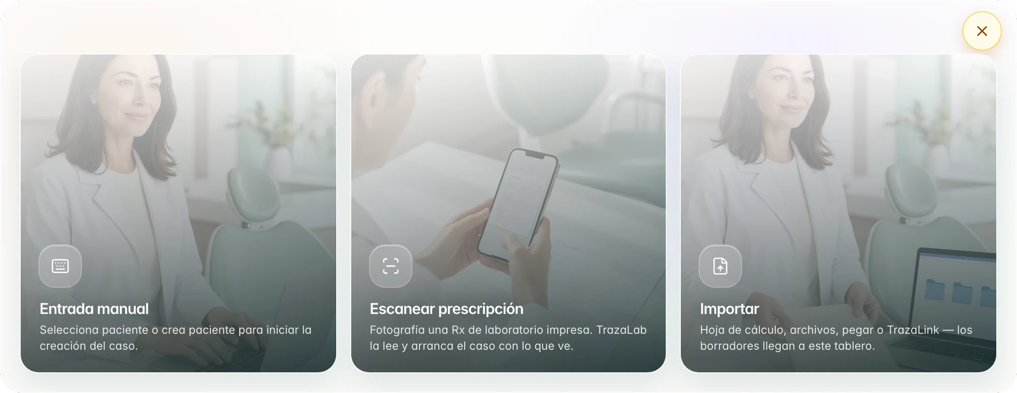 Nuevo caso: Entrada manual, Escanear prescripción e Importar.