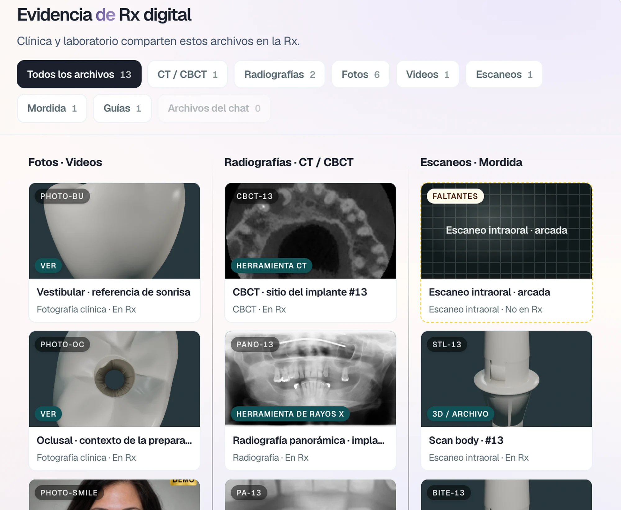 Pestaña Rx digital: evidencia con fotos, CBCT, radiografías, escaneo y registro de mordida.