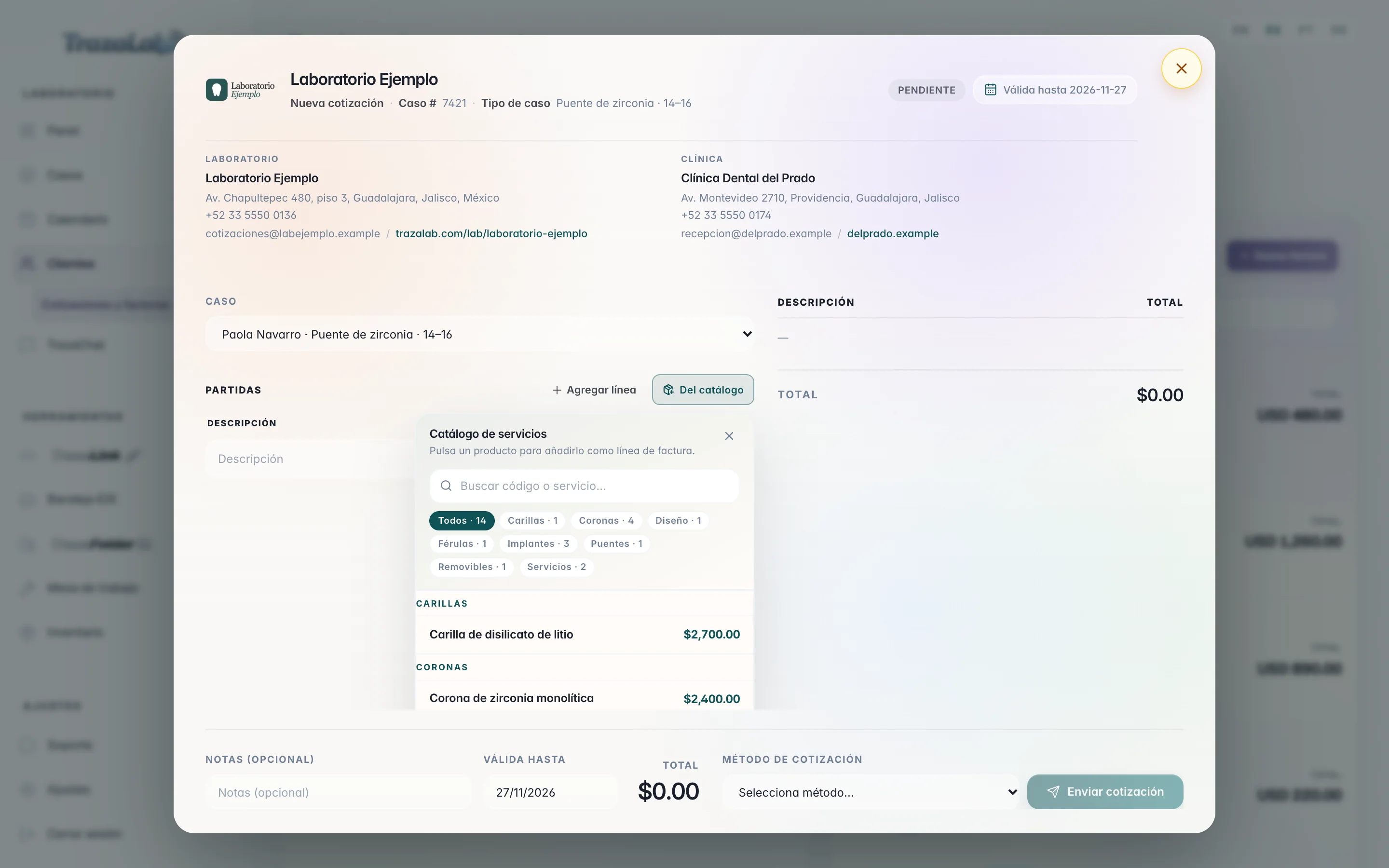 Catálogo de servicios abierto desde Del catálogo: buscador, categorías Carillas, Coronas, Diseño, Férulas, Implantes, Puentes, Removibles y Servicios, y cada servicio con su precio.