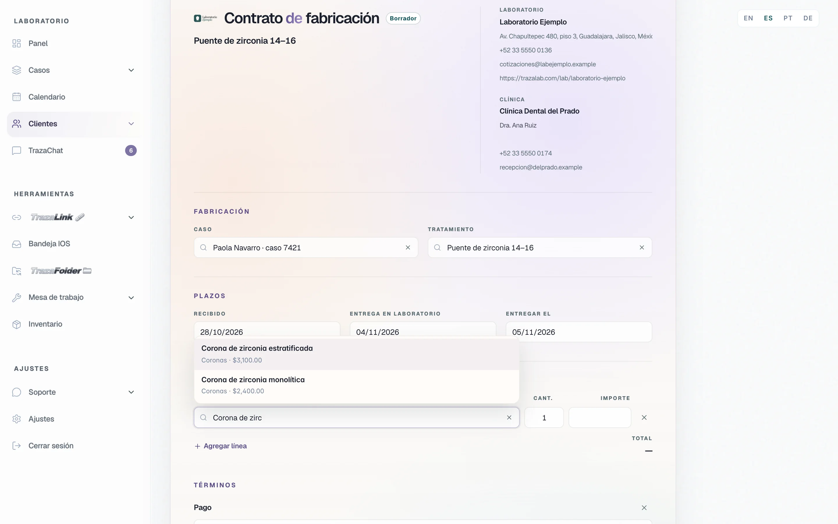 Contrato de fabricación entre Laboratorio Ejemplo y Clínica Dental del Prado: caso de Paola Navarro, puente de zirconia 14–16, plazos, y en Costes la lista de precios sugiriendo dos coronas de zirconia.