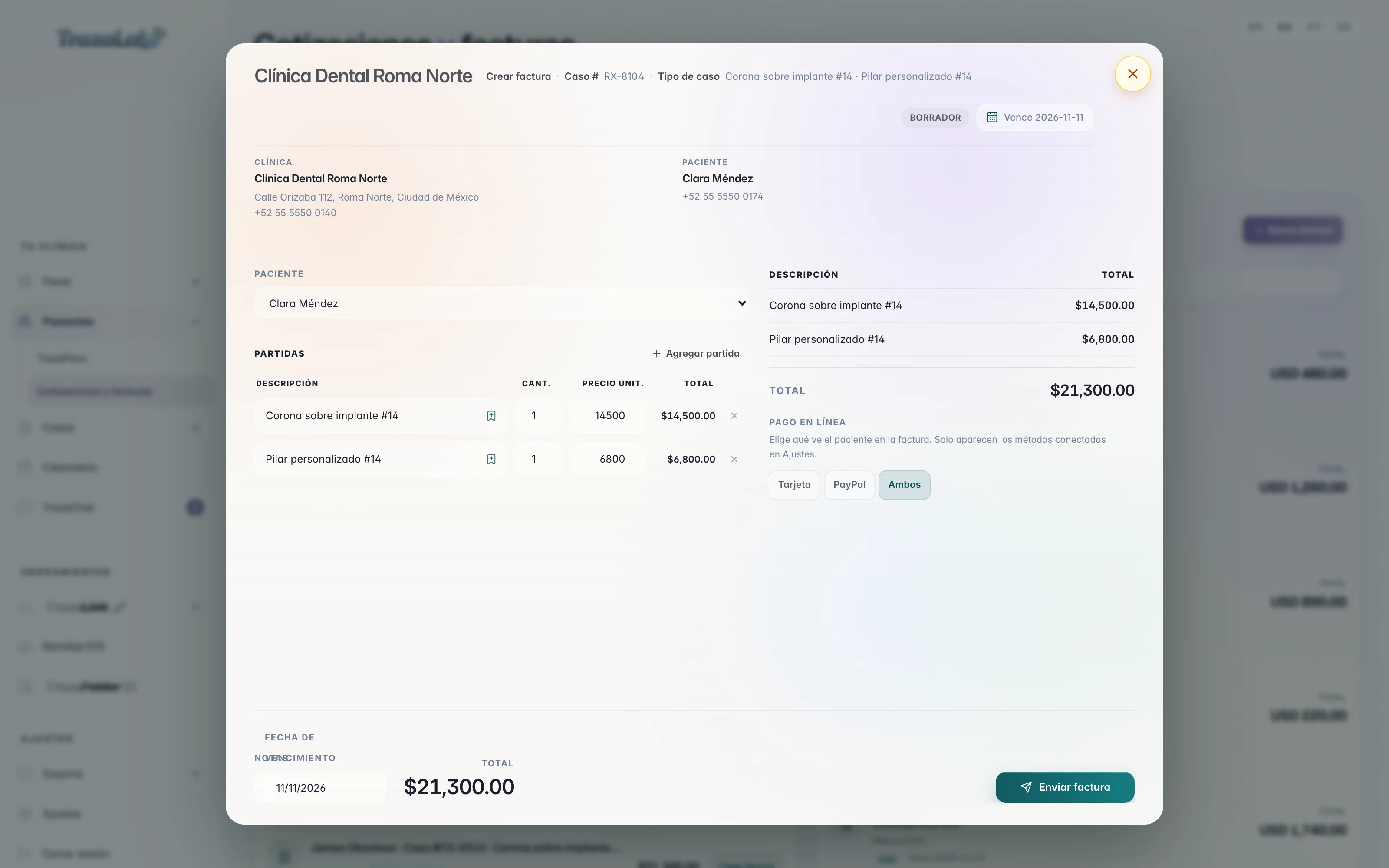 Factura al paciente creada desde la cotización aceptada: las mismas partidas, total $21,300.00 y Pago en línea con Tarjeta, PayPal o Ambos.
