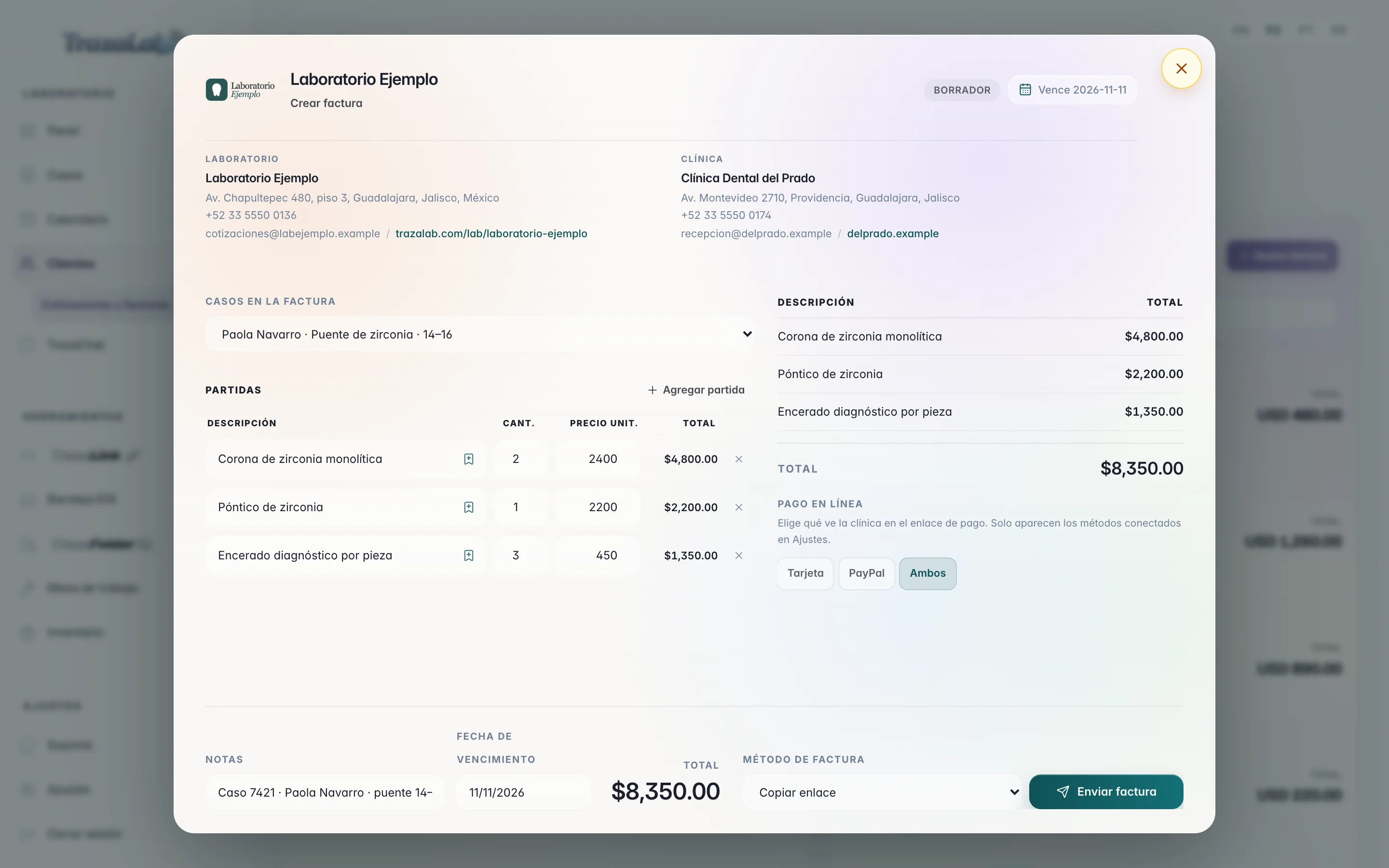 Crear factura de Laboratorio Ejemplo para Clínica Dental del Prado: tres partidas, la vista previa con total $8,350.00, Pago en línea con Tarjeta, PayPal o Ambos y método de factura Copiar enlace.