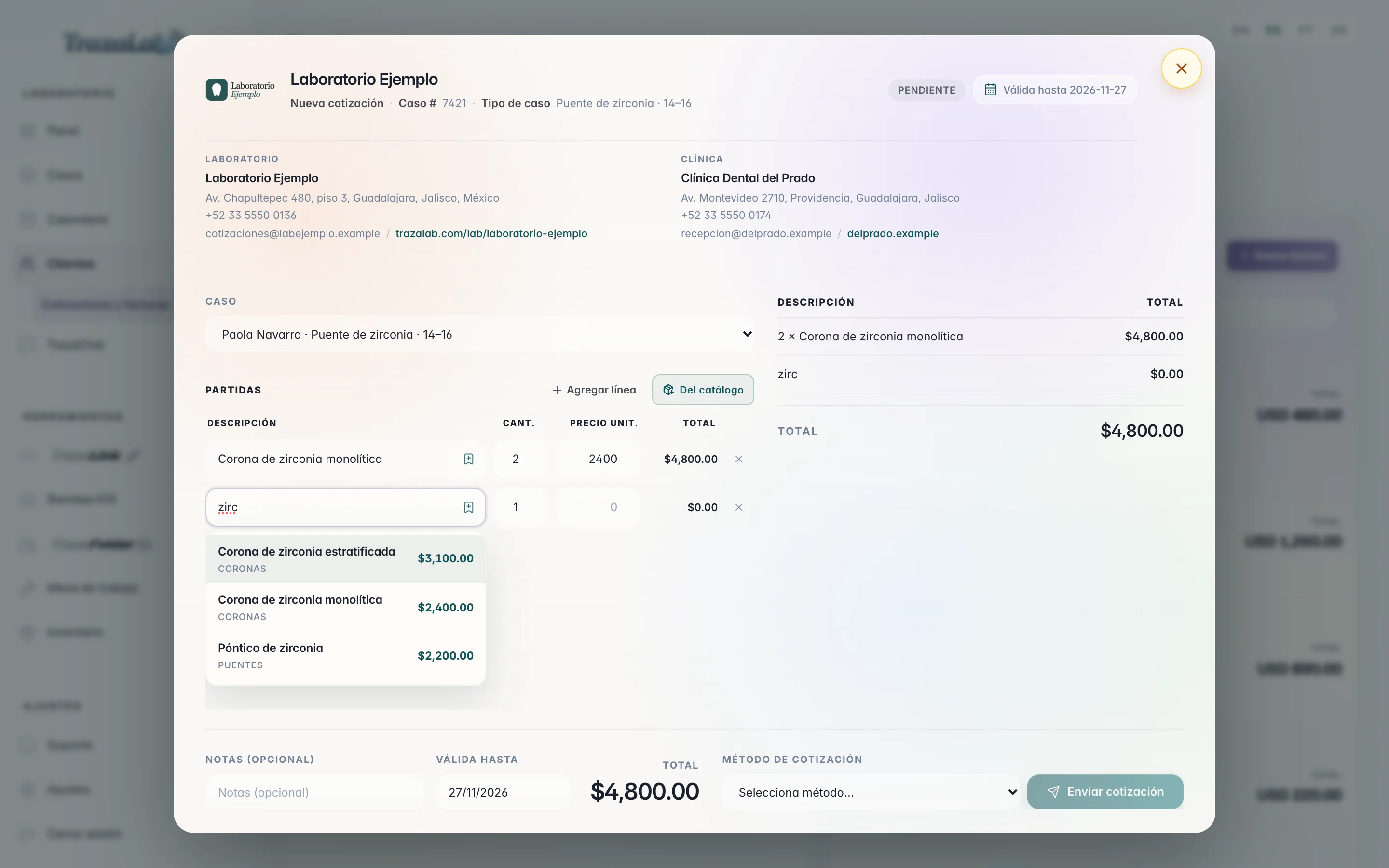 Al escribir «zirc» en la descripción de una partida, la lista de precios sugiere tres servicios con su categoría y su precio.