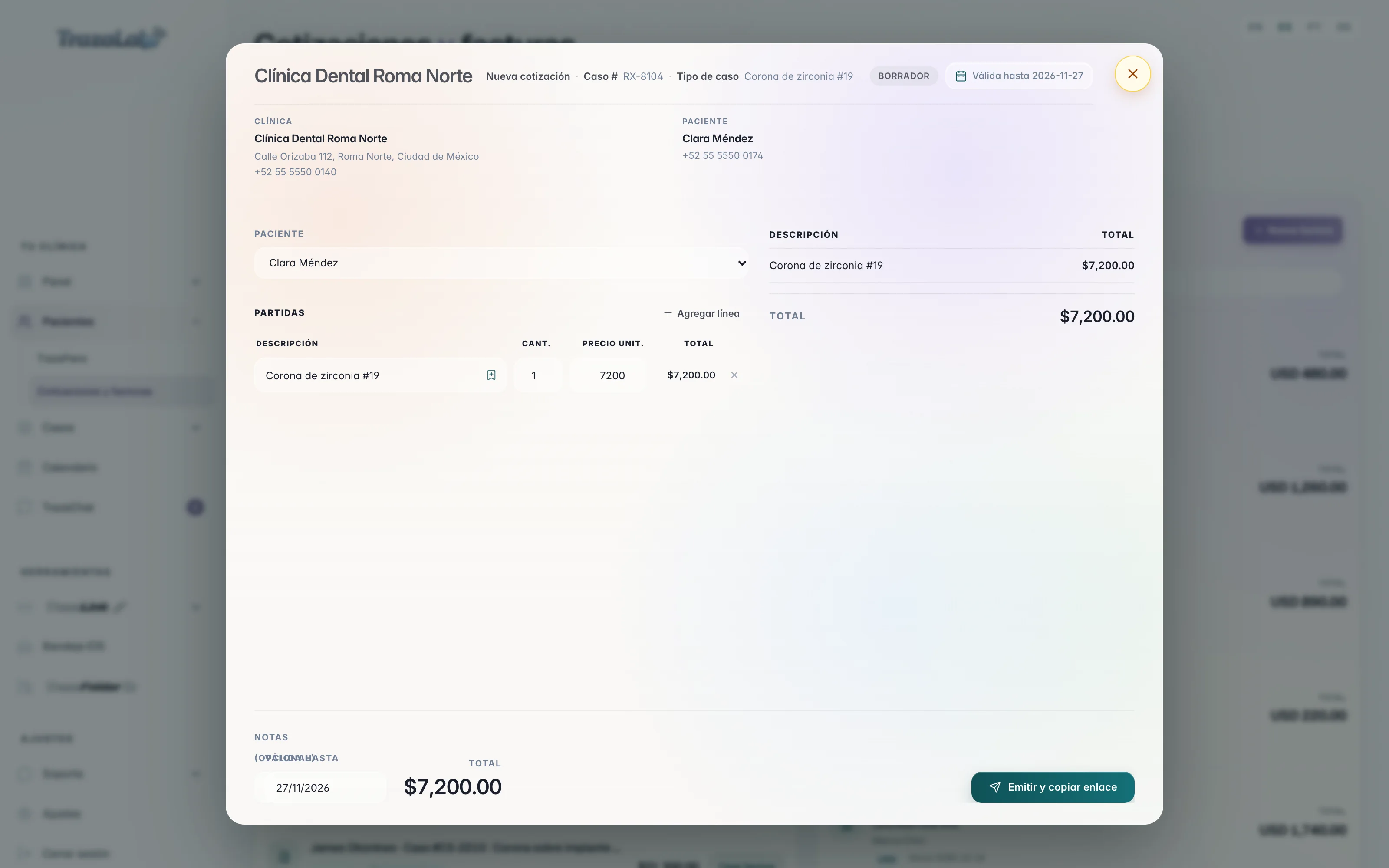Cotización de Clínica Dental Roma Norte para su paciente Clara Méndez: membrete con dirección y teléfono de la clínica, la partida Corona de zirconia #19 y Emitir y copiar enlace.