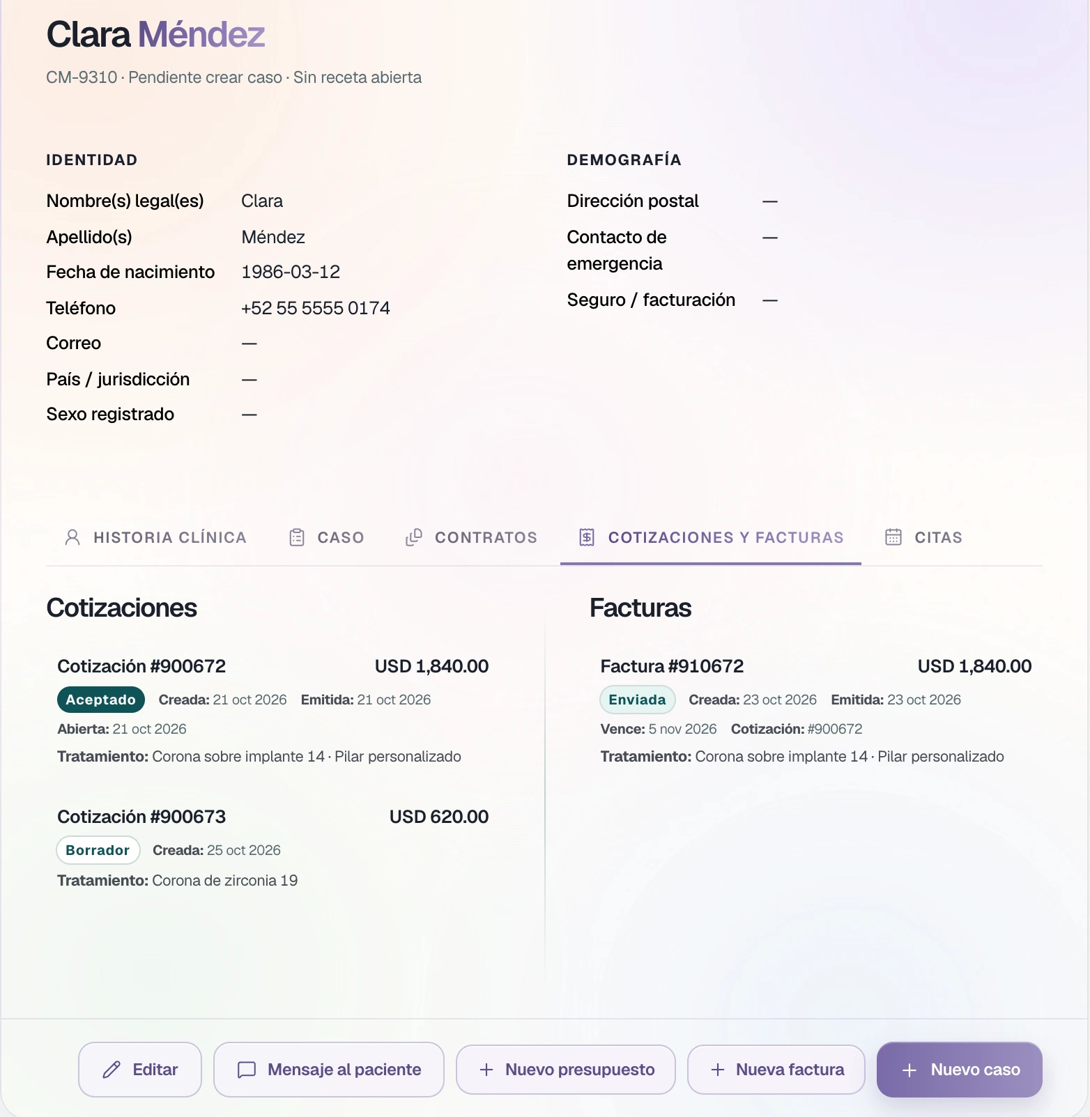 Ficha de Clara Méndez en Cotizaciones y facturas: una cotización aceptada, un borrador y una factura enviada.