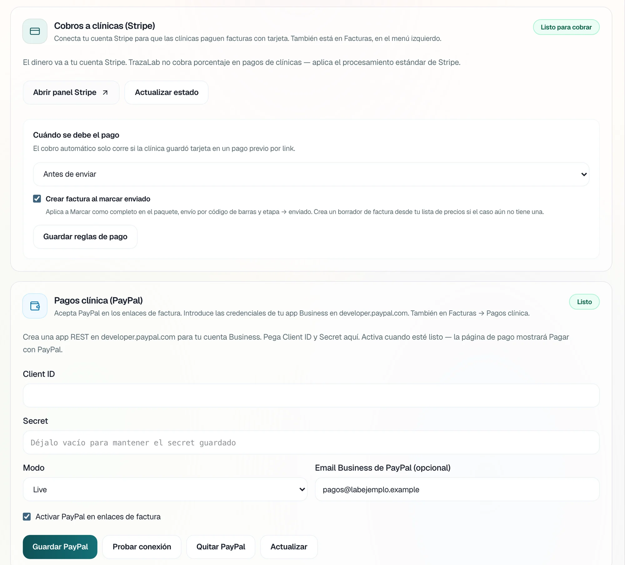 Cobros a clínicas con Stripe listo para cobrar, cuándo se debe el pago y Pagos clínica con PayPal listo.