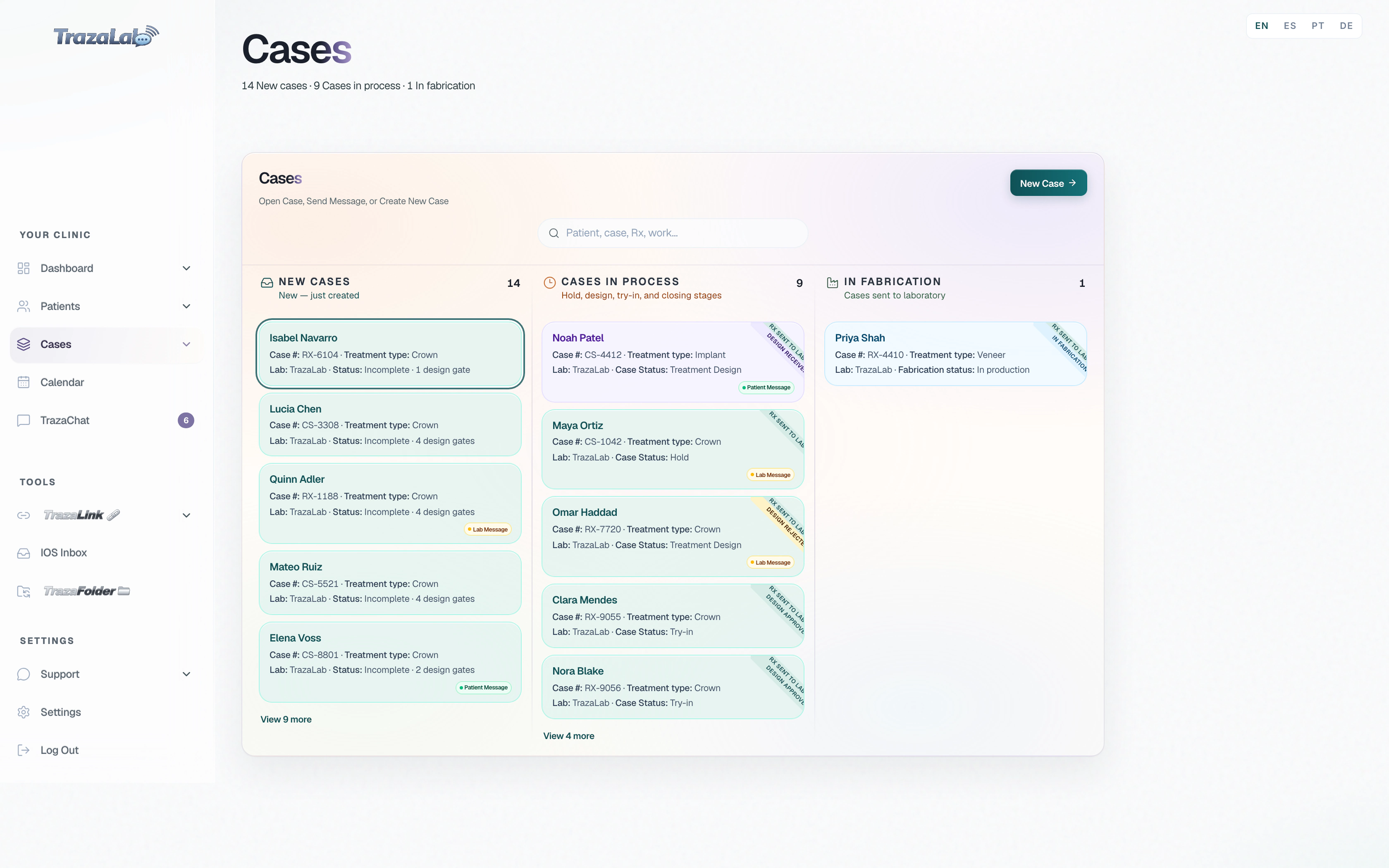 Board of new cases, cases in process, and cases in fabrication