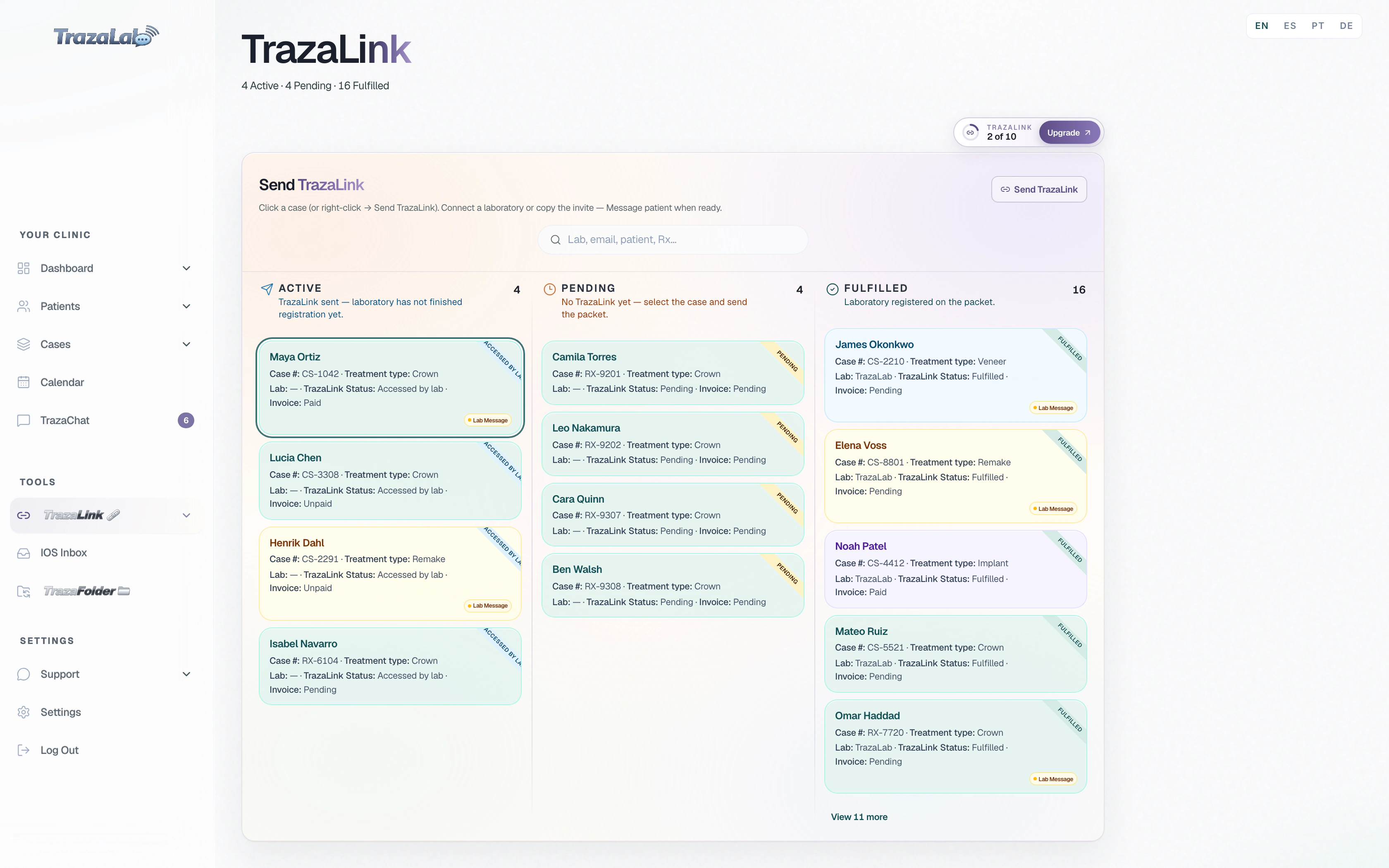 TrazaLink with active, pending, and completed cases