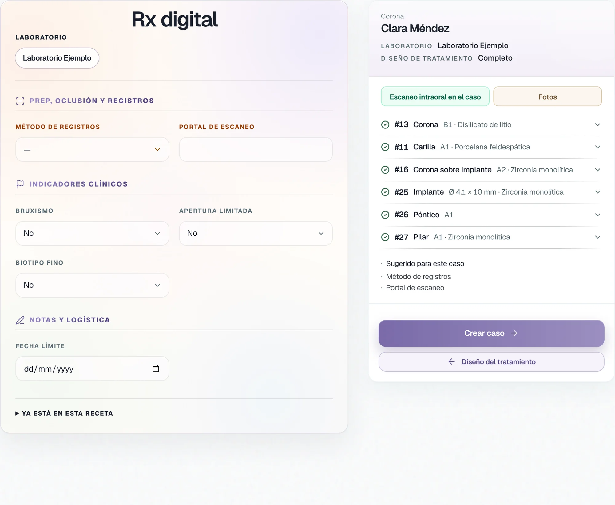 Rx digital: el escaneo intraoral importado, con el botón Escaneo intraoral en el caso.