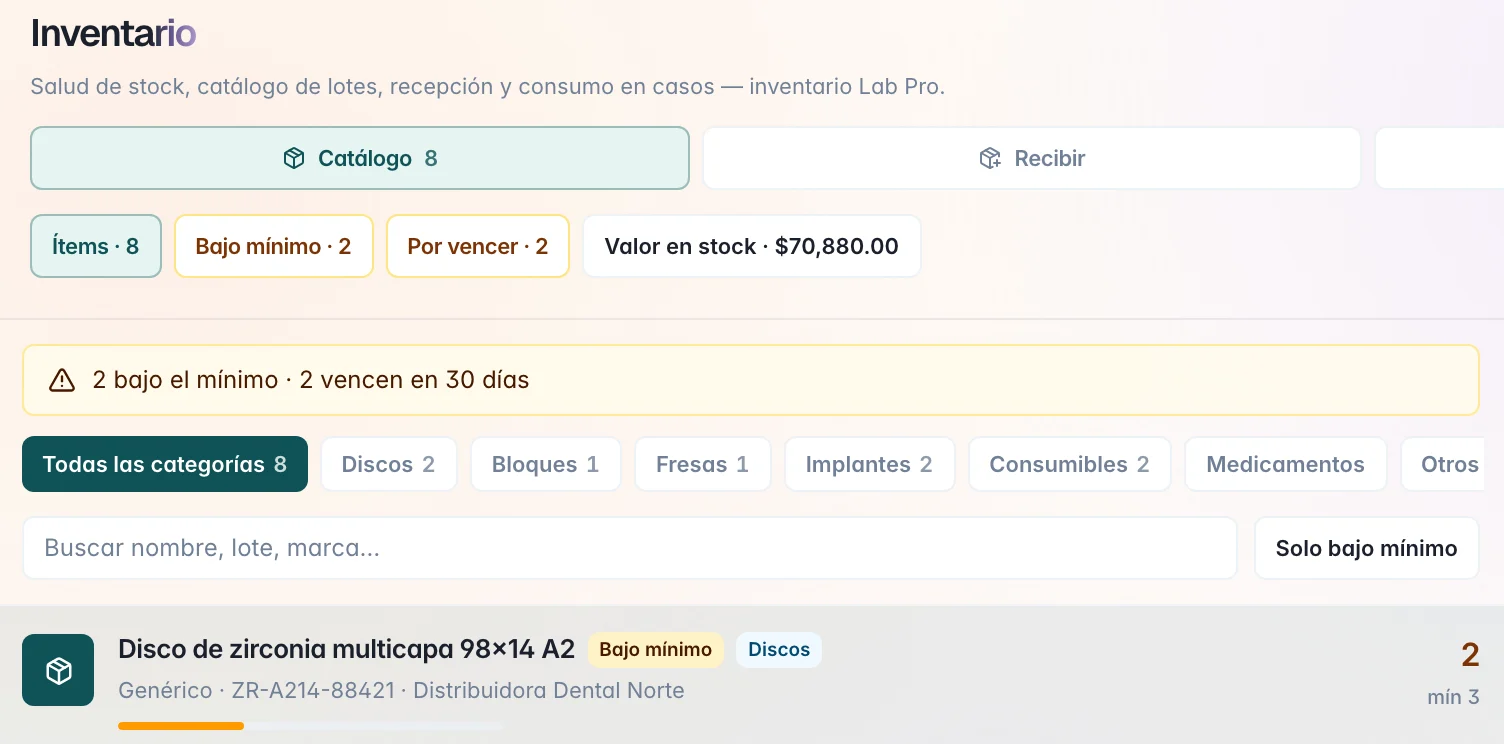 Salud del stock: 8 ítems, 2 bajo mínimo, 2 por vencer y el valor en stock, con las categorías y la búsqueda.