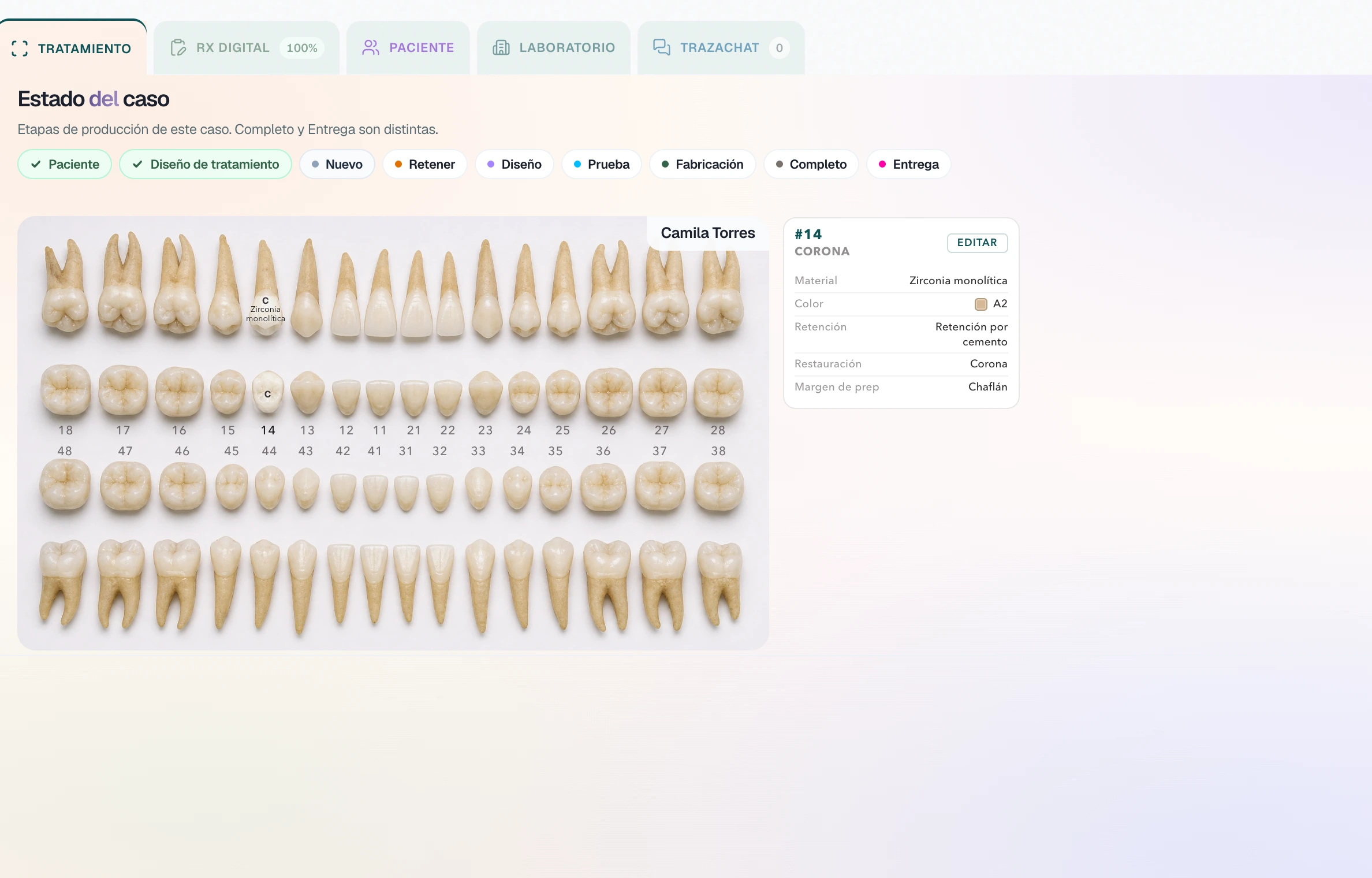 Camila Torres's case: tooth 14 on the odontogram, monolithic zirconia, shade A2, and a chamfer.