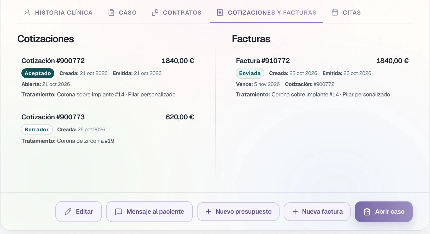 Quotes and invoices for Camila Torres: one quote accepted, another in draft, and the invoice sent.