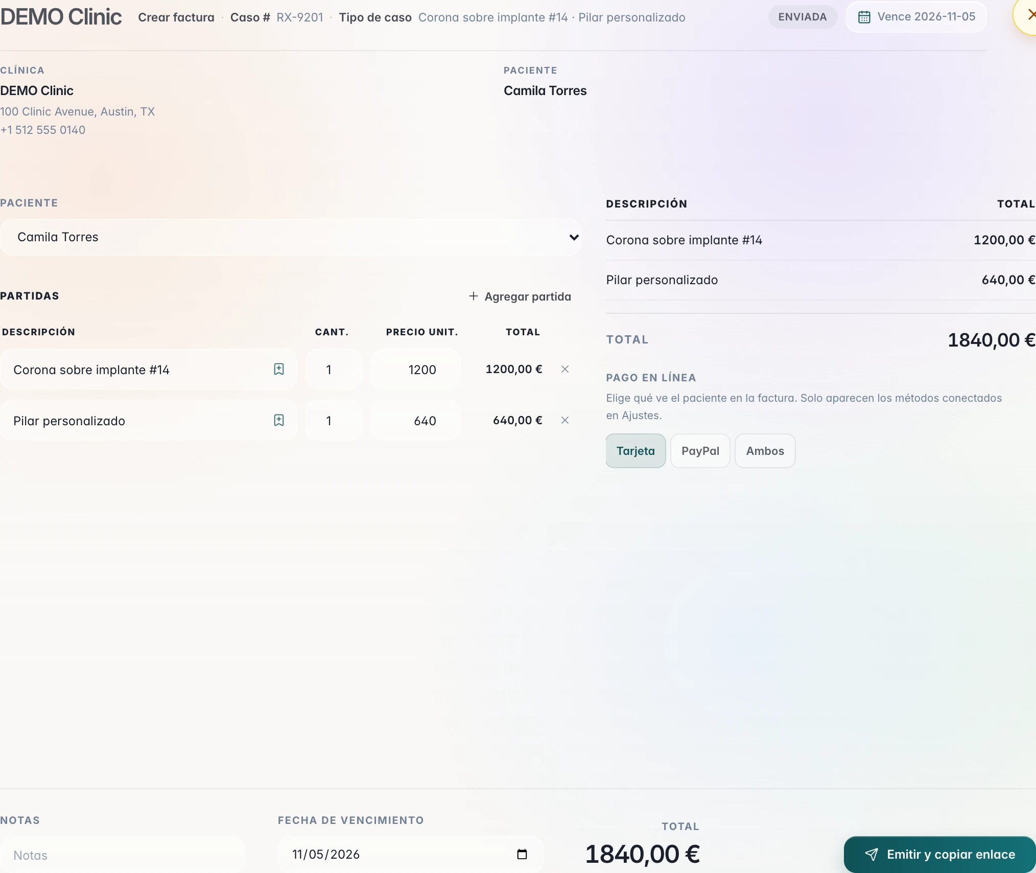 Sent invoice for Camila Torres: implant crown on tooth 14, custom abutment, payment by card, and issue and copy link.
